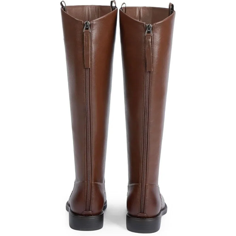 Women's A-brown Rounded Toe Flat Low Chunky Zip Heel Knee High Boots